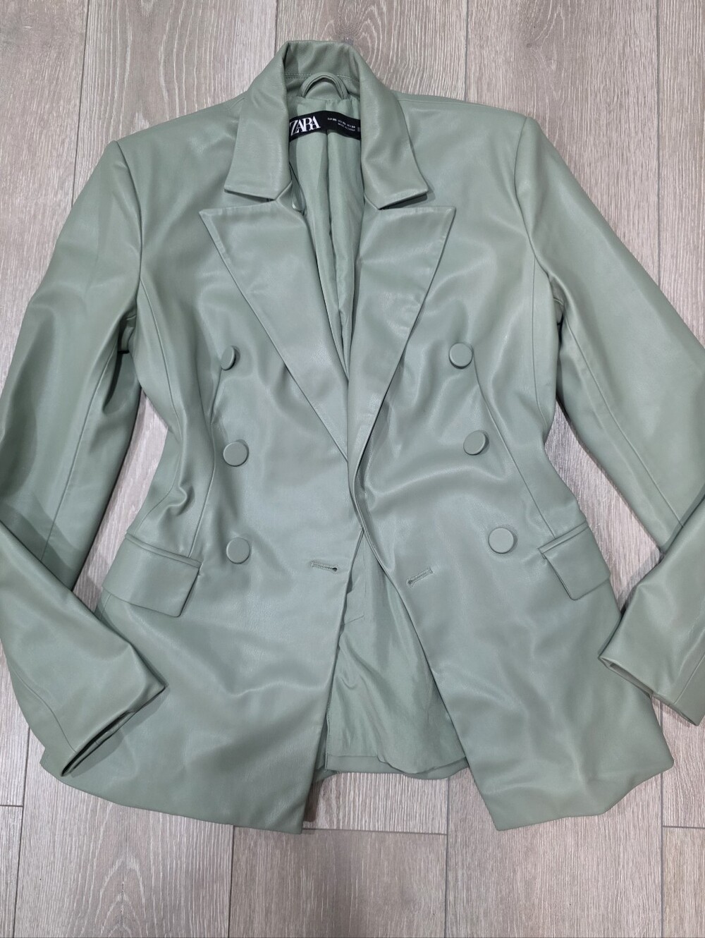 ZARA Mint Green Double-Breasted Faux Leather Blazer